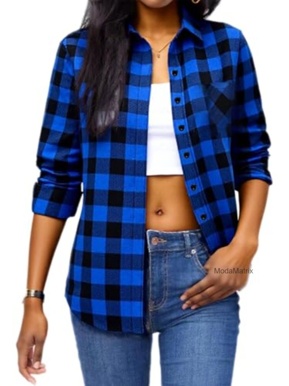 Women's Flannel Plaid Button Down Shirt Cotton Blend Long Sleeve